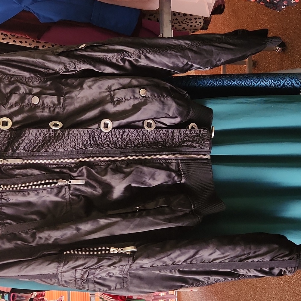 Womens mustard seed bomber black zip up jacket size large looks new